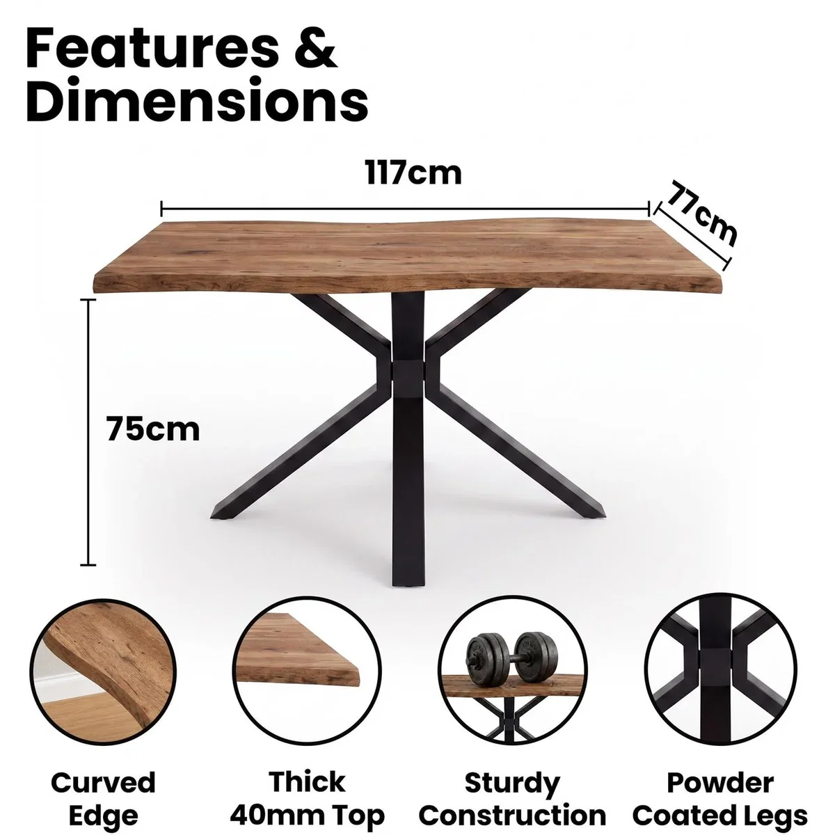 Rustic Brown Wood-Effect Wavy Dining Table with X-Shaped Metal Legs, 117x77x75cm - Brown – image 2