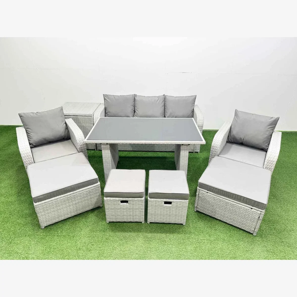 Fimous 9-Seater PE Rattan Patio Set with Dining Table - Light grey rattan + dark grey fabric – image 1