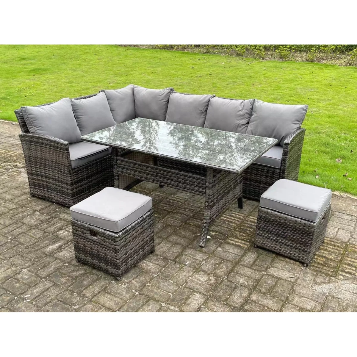 High Back Rattan Corner Sofa Set Rectangular Dining Table 8 Seater - Dark Grey Mixed – image 2