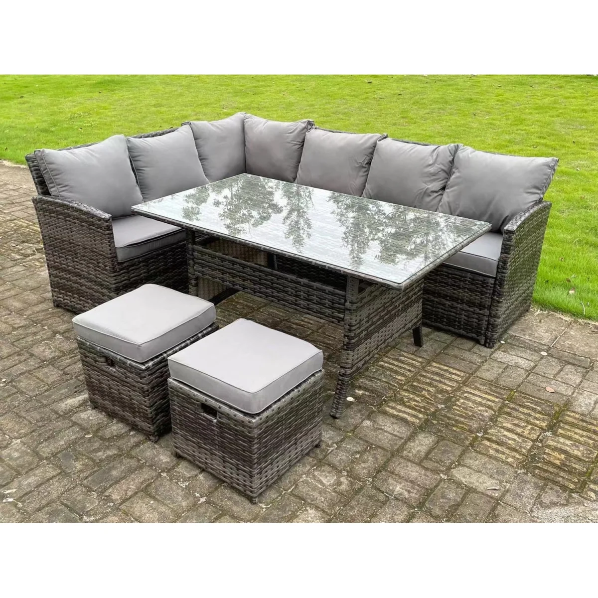 High Back Rattan Corner Sofa Set Rectangular Dining Table 8 Seater - Dark Grey Mixed – image 3