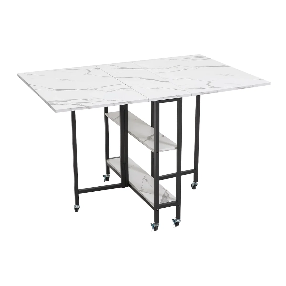 Folding Dining Table with Storage Shelves and Wheels - Black & White – image 1