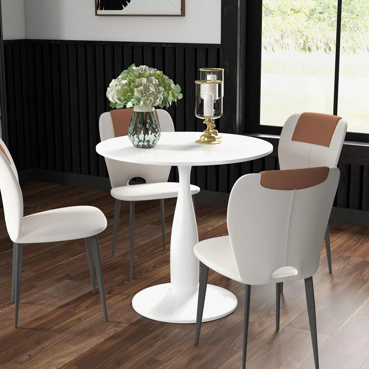 Round Dining Table with Steel Base for Dining Room - White