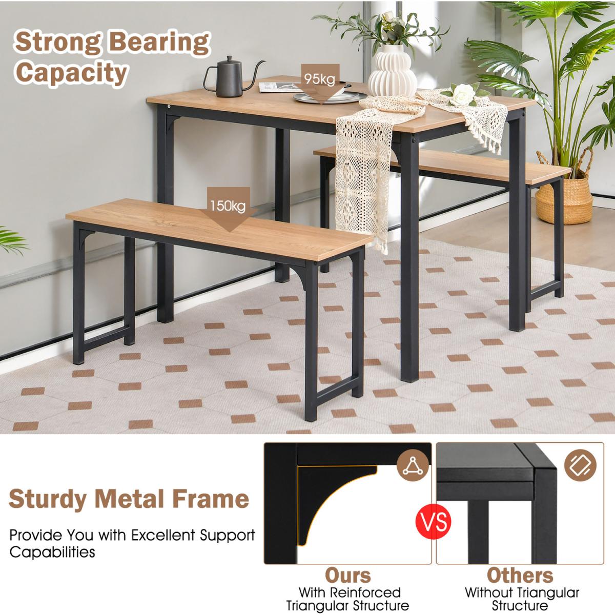 Costway 3PCS Dining Table Set Industrial Breakfast Table Set - Brown – image 4