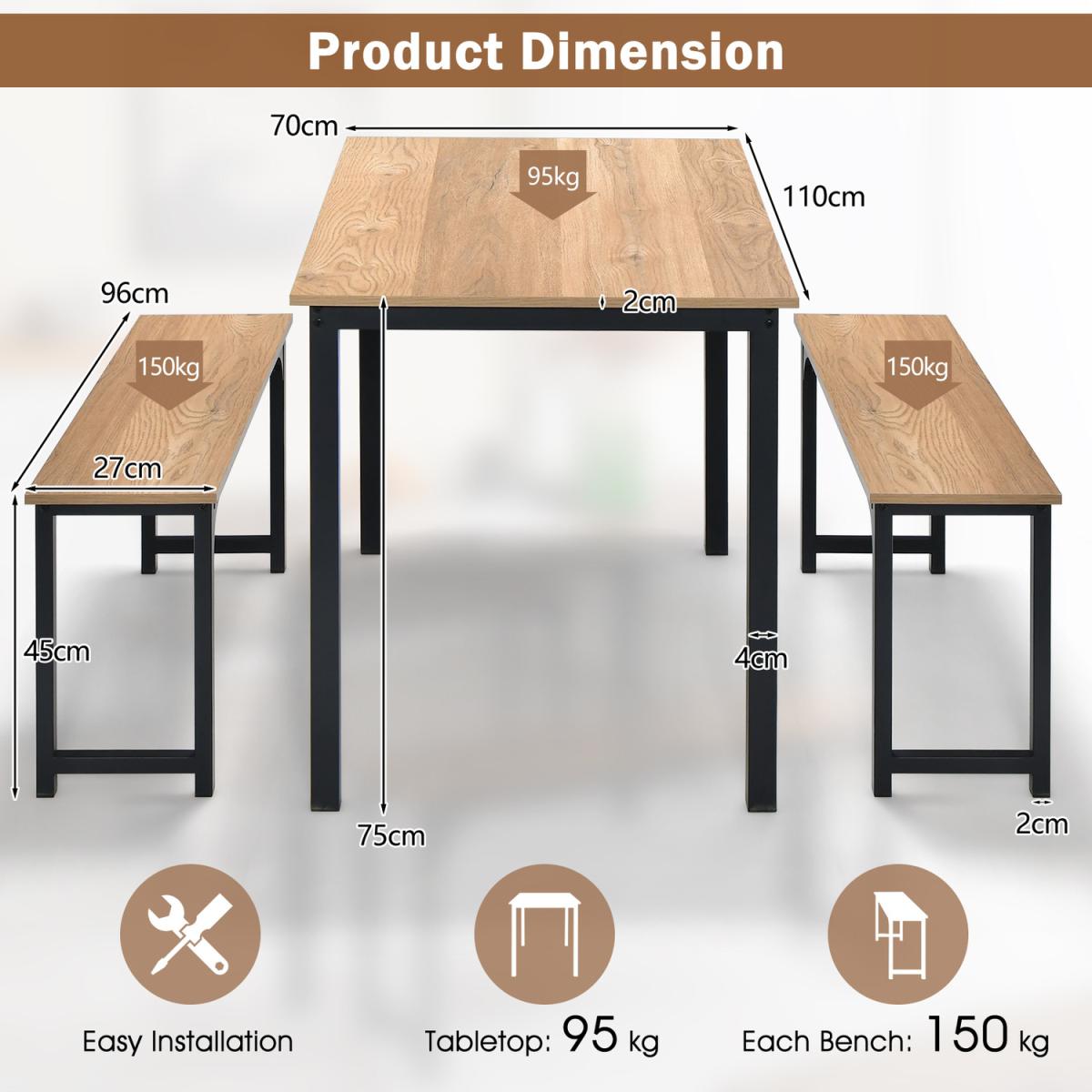 Costway 3PCS Dining Table Set Industrial Breakfast Table Set - Brown – image 7