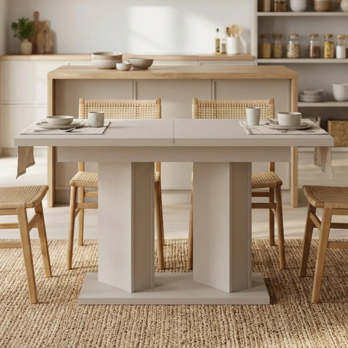 Extendable Dining Table 120 to 160 Cm, Kitchen Table, Matt Cashmere Finish - Off White – image 2