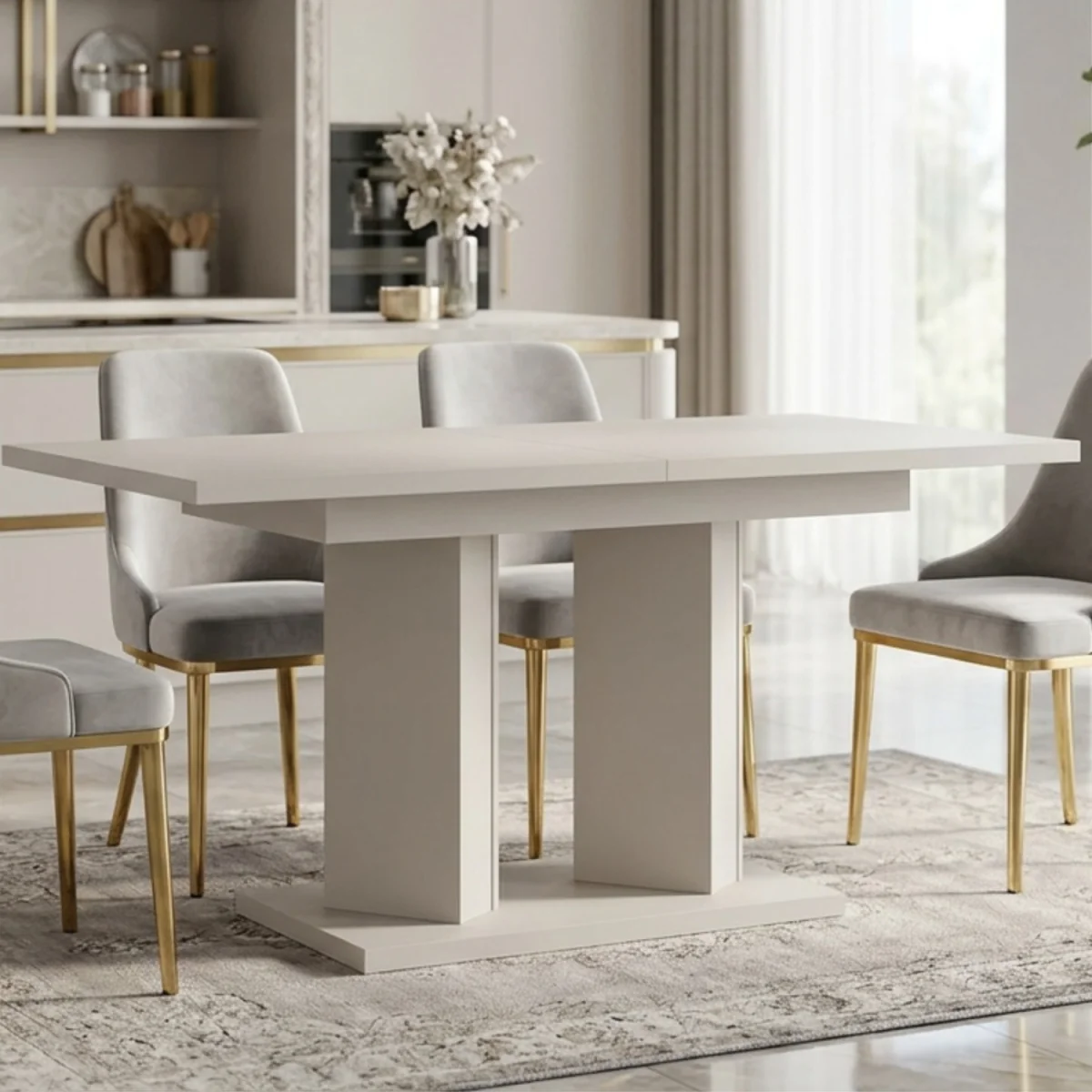Extendable Dining Table 120 to 160 Cm, Kitchen Table, Matt Cashmere Finish - Off White – image 11