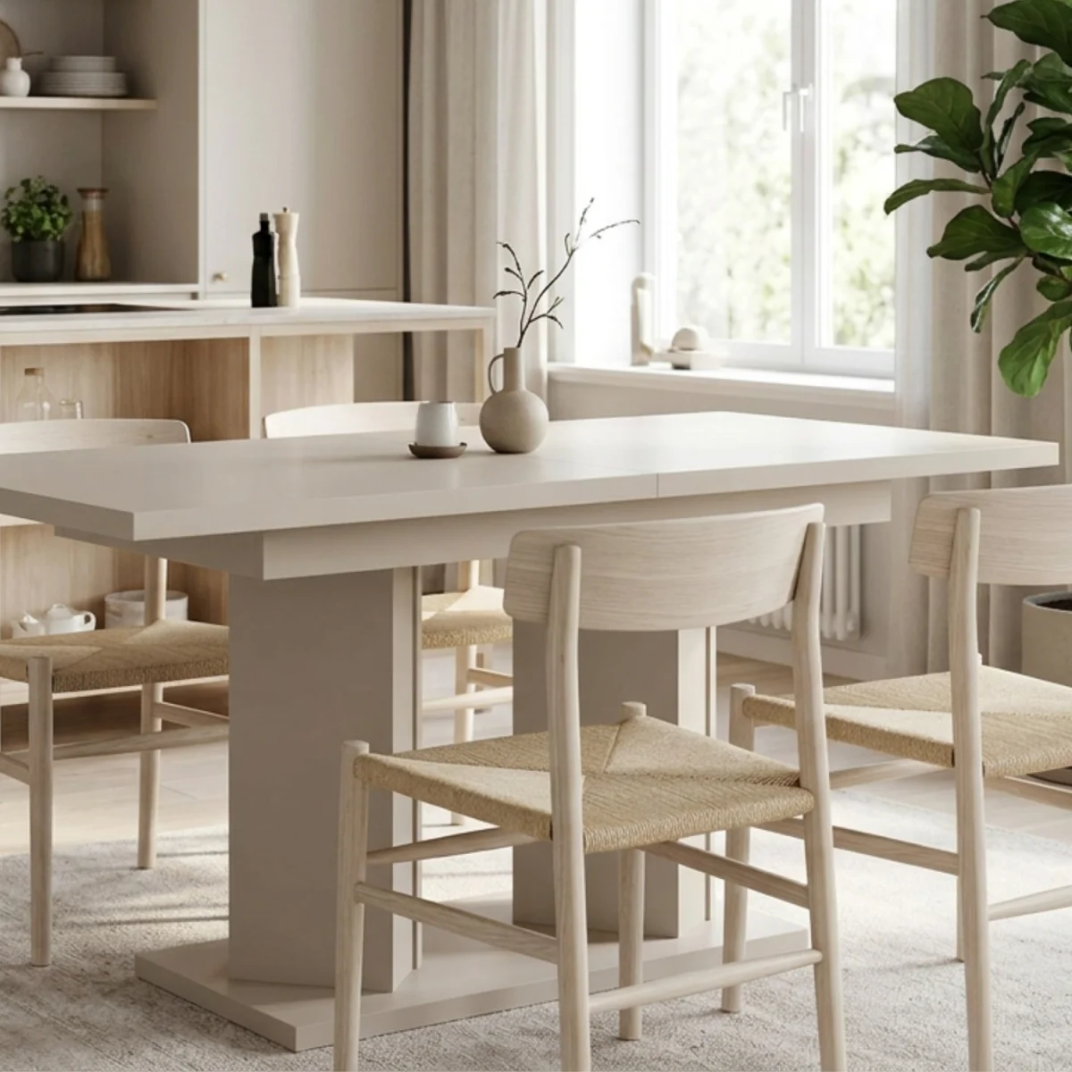 Extendable Dining Table 120 to 160 Cm, Kitchen Table, Matt Cashmere Finish - Off White – image 8