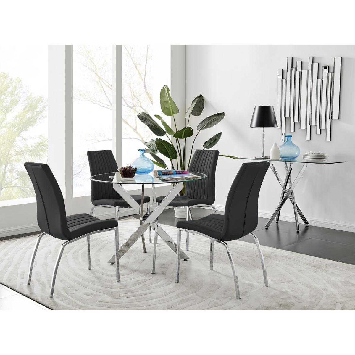 Novara Chrome Metal 100cm Round Glass Dining Table And 4 Isco Dining Chairs - Black – image 16