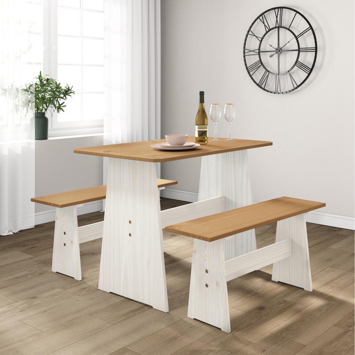 Liam Dining Table With 2 Bench Set Kitchen Diner Bench Set Solid Pine - White & Honey – image 1