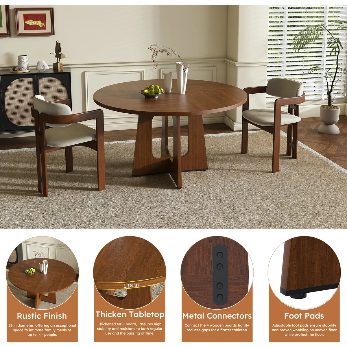 Farmhouse Round Dining Table for 4 People - Walnut – image 3