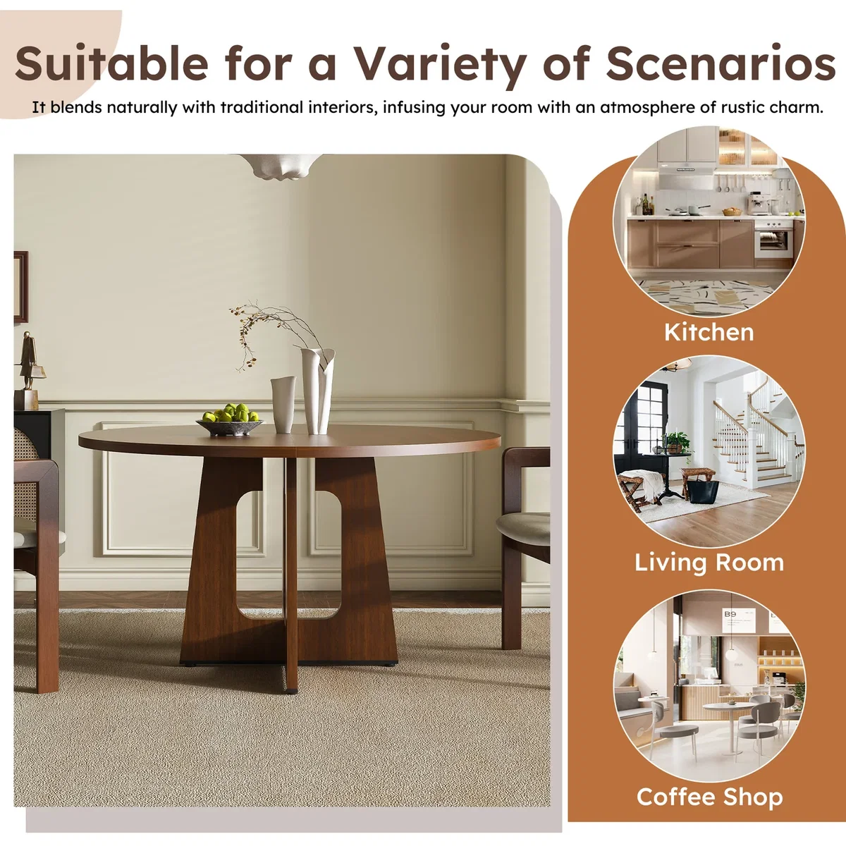 Farmhouse Round Dining Table for 4 People - Walnut – image 4