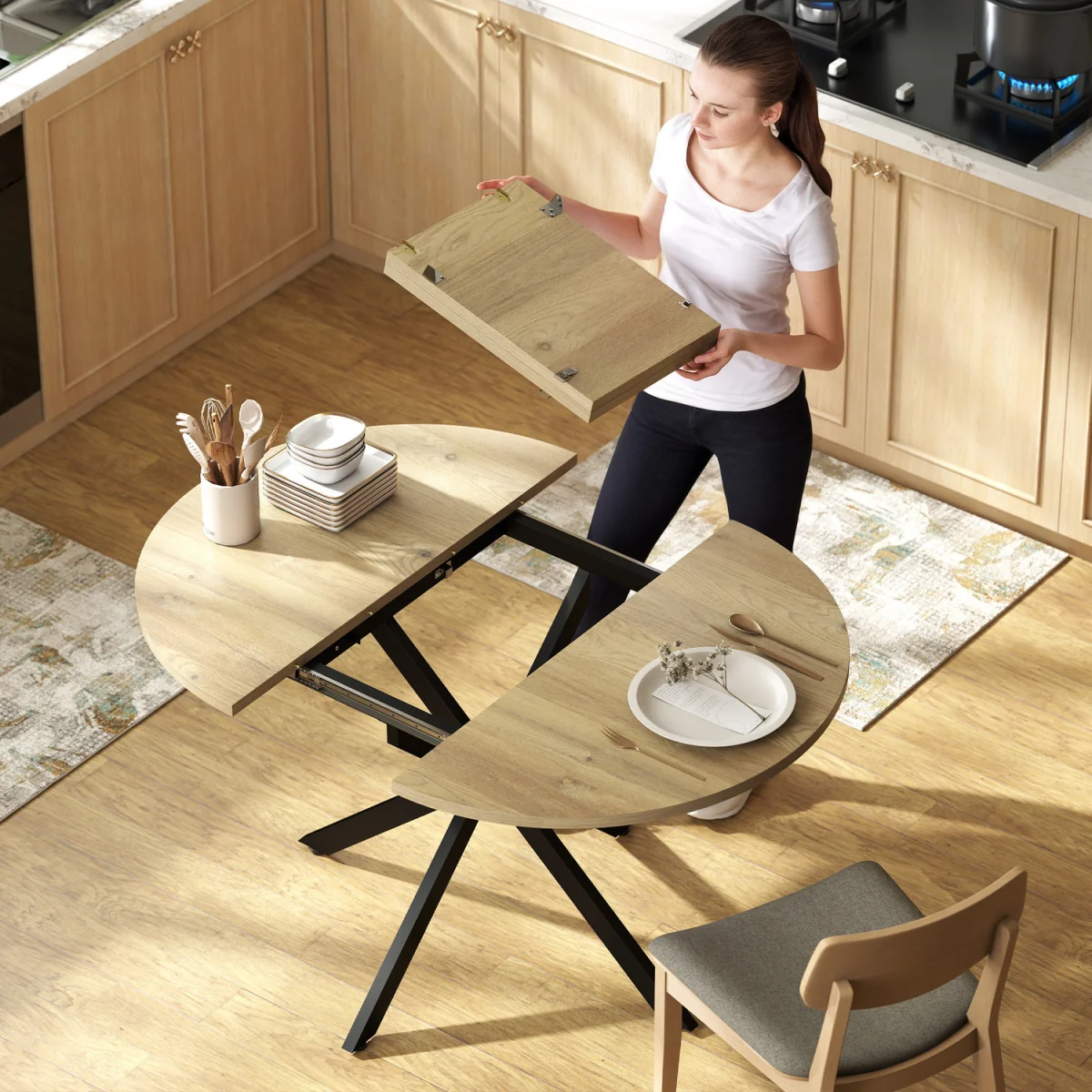 HOMCOM Extendable Dining Table for 4-6 with X-Shape Base - Natural Wood – image 3