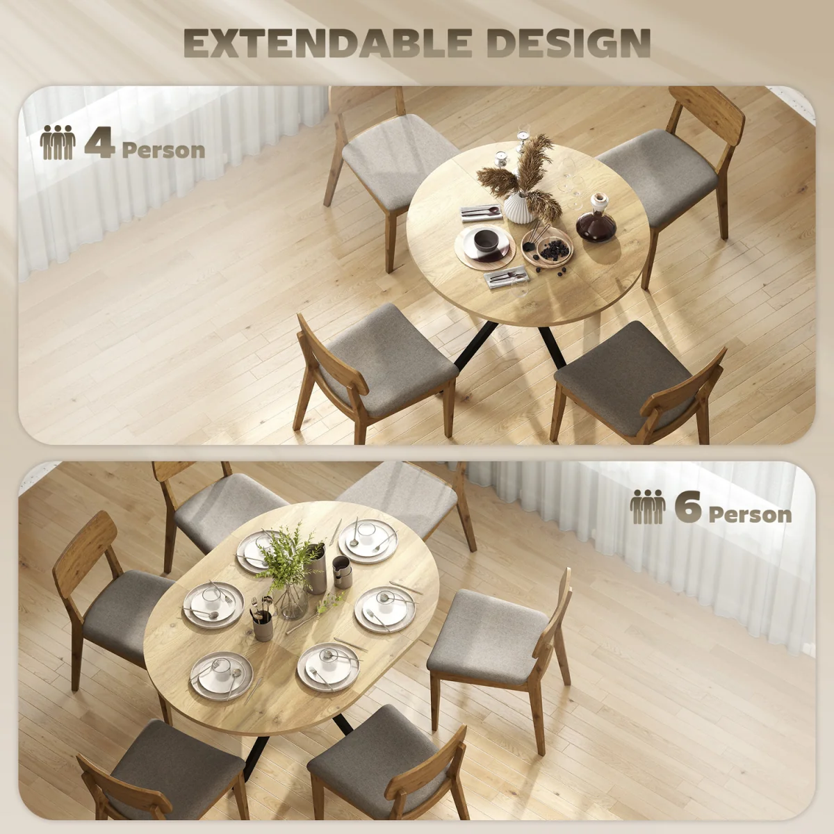 HOMCOM Extendable Dining Table for 4-6 with X-Shape Base - Natural Wood – image 7