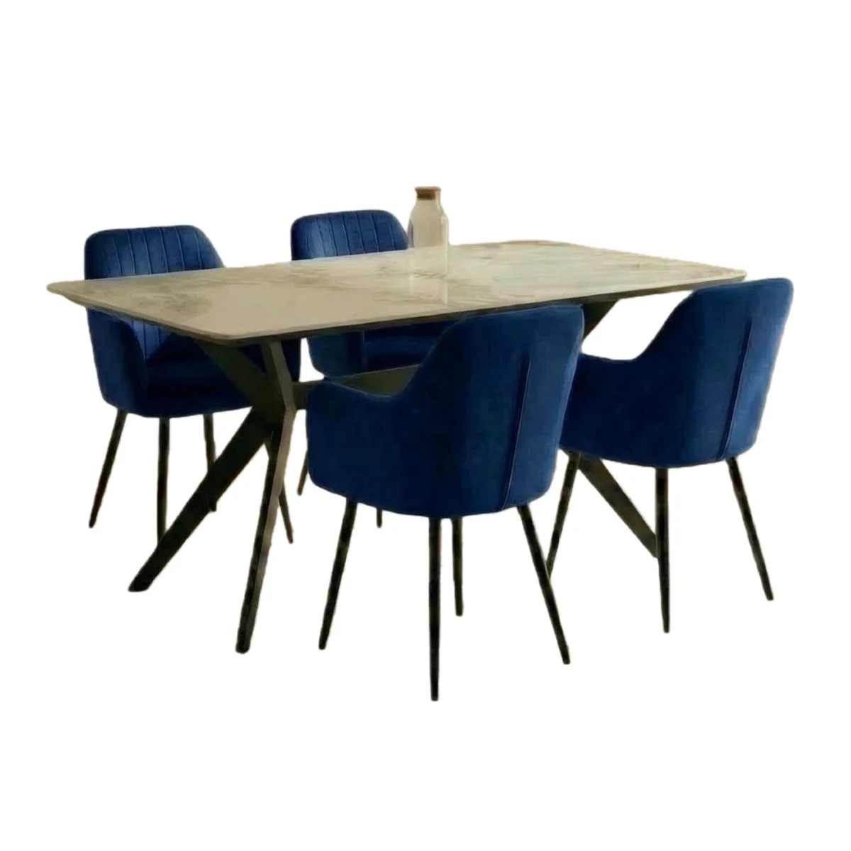 San Diego Marble Top Dining Table with Charlotte Velvet Chairs - Blue