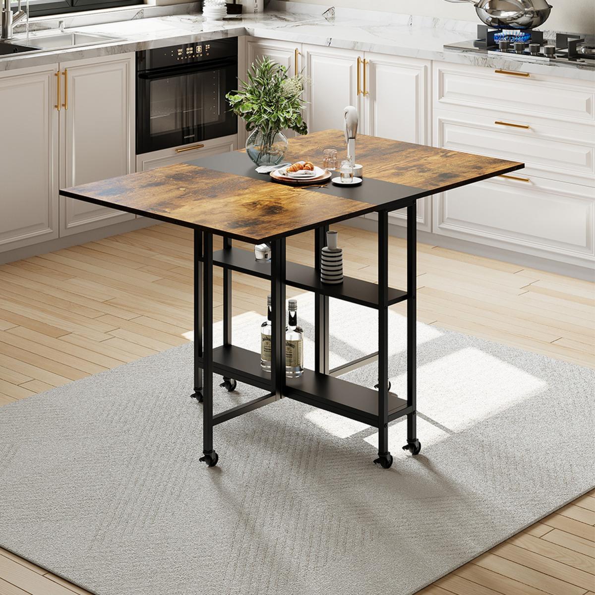 Foldable Movable Wood-Effect Dining Table with Storage Shelves - Brown