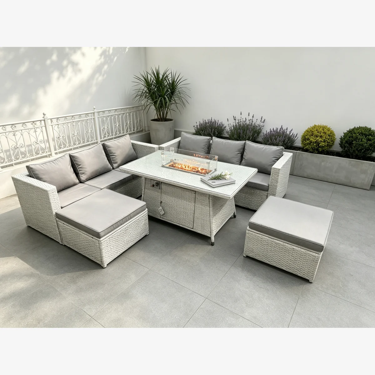 Fimous 8-Seater Rattan Gas Fire Pit Dining Table with Stools - light Grey Mixed