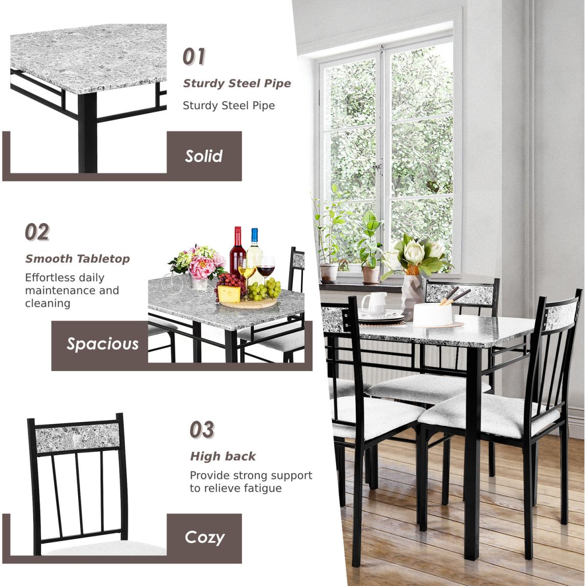 Costway Marble 5-piece Kitchen Dining Set Dining table Set - Grey – image 3
