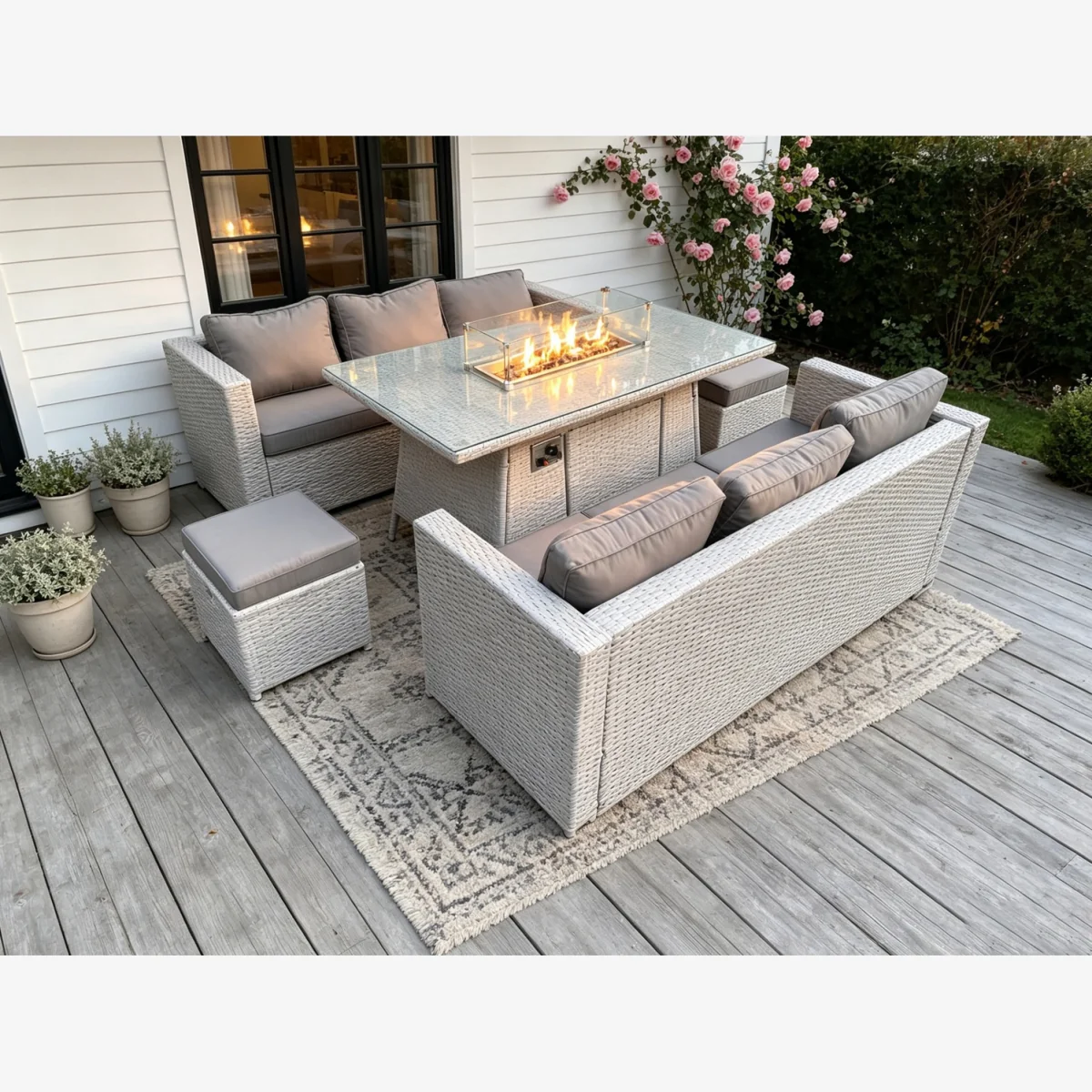 Fimous Rattan Gas Fire Pit Dining Table with Stools - light Grey Mixed
