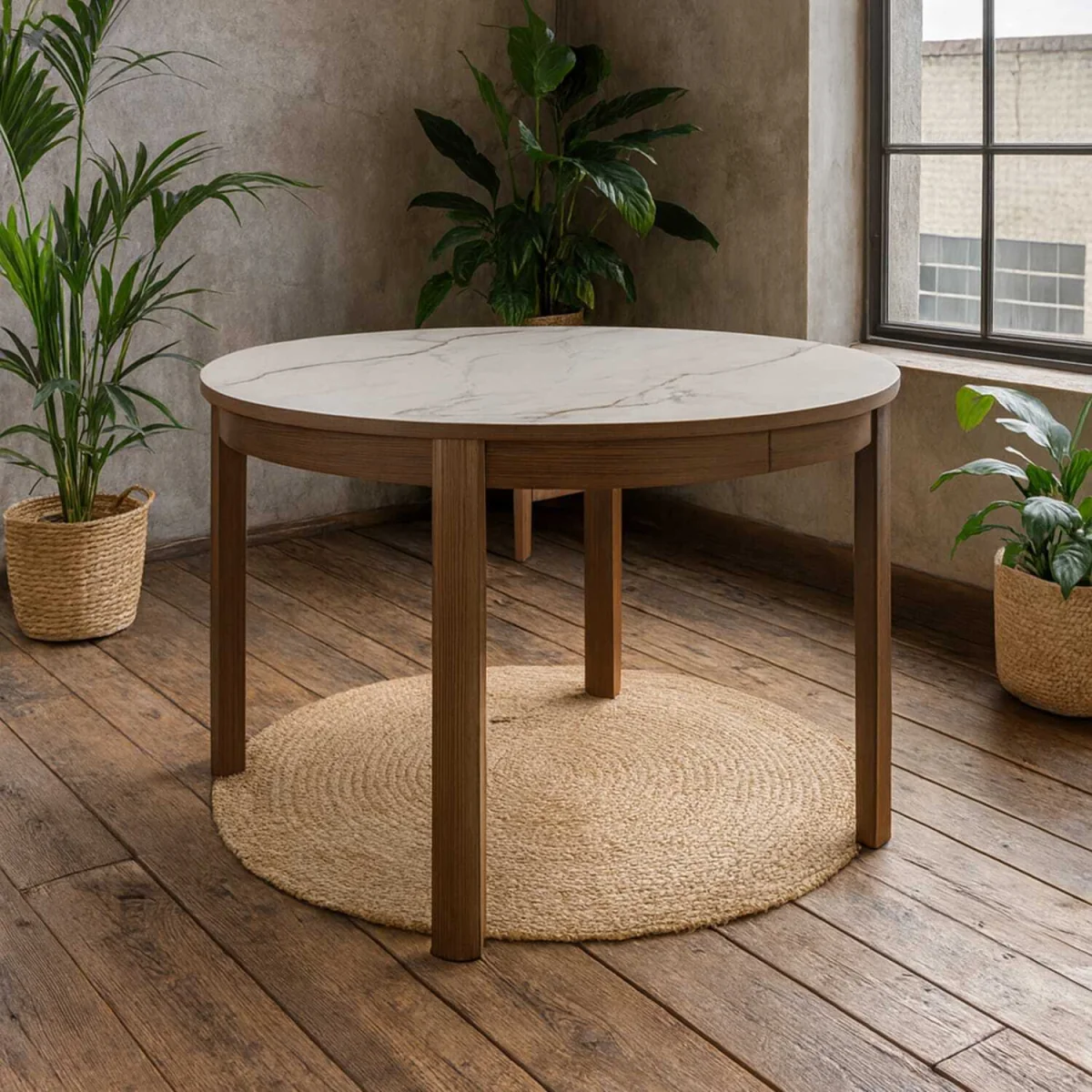 Cork Round Extendable Dining Table Ceramic Top Veneer Base - Brown – image 4