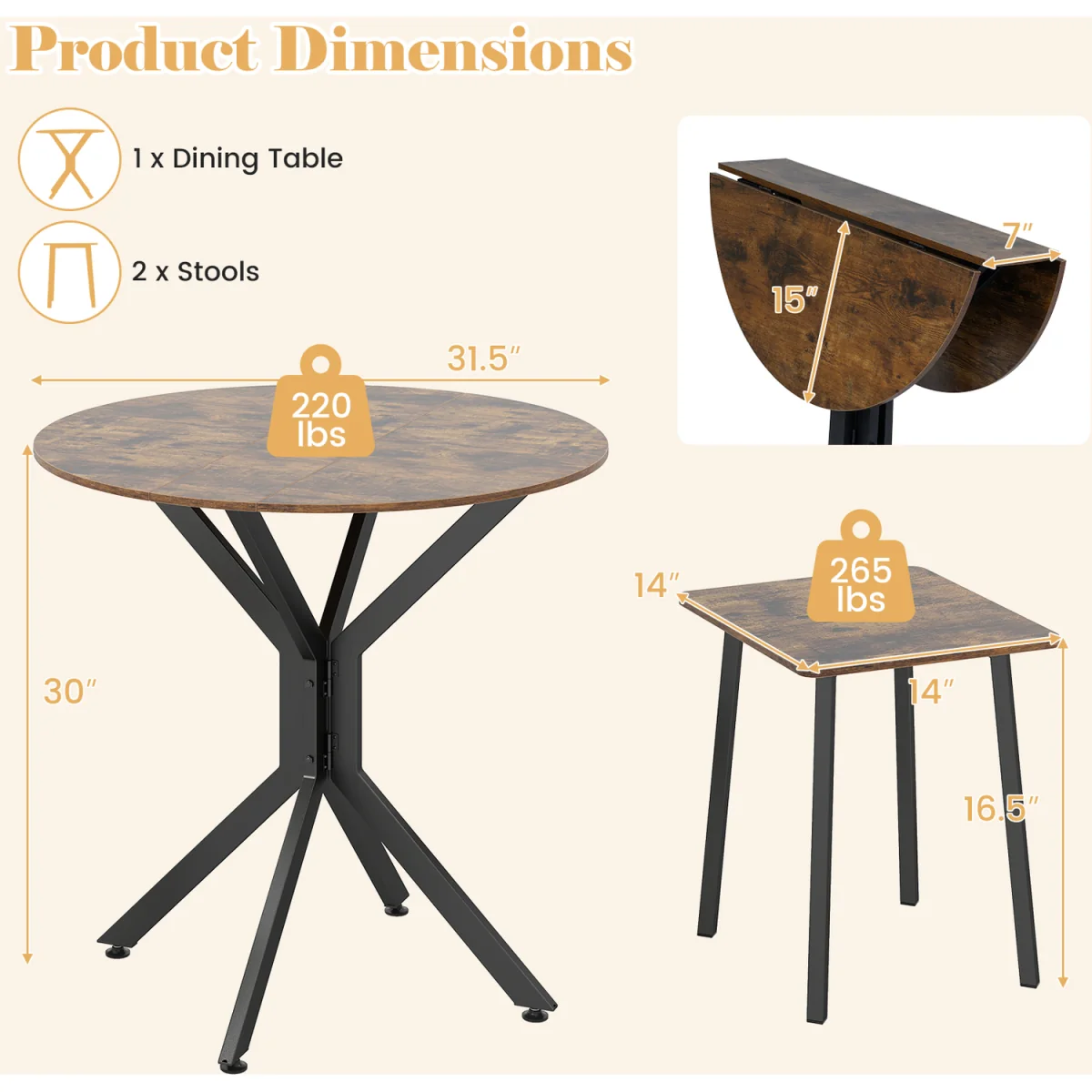 Set of 3 Drop Leaf Dining Table – image 10