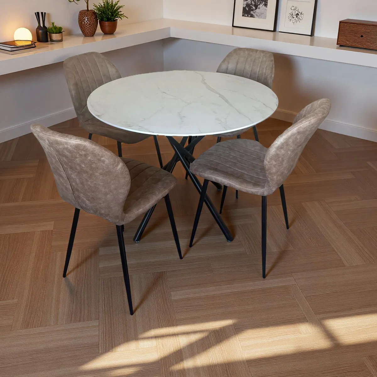 Seattle Dining Table with 4 Jaydn Leather Chairs - Tan