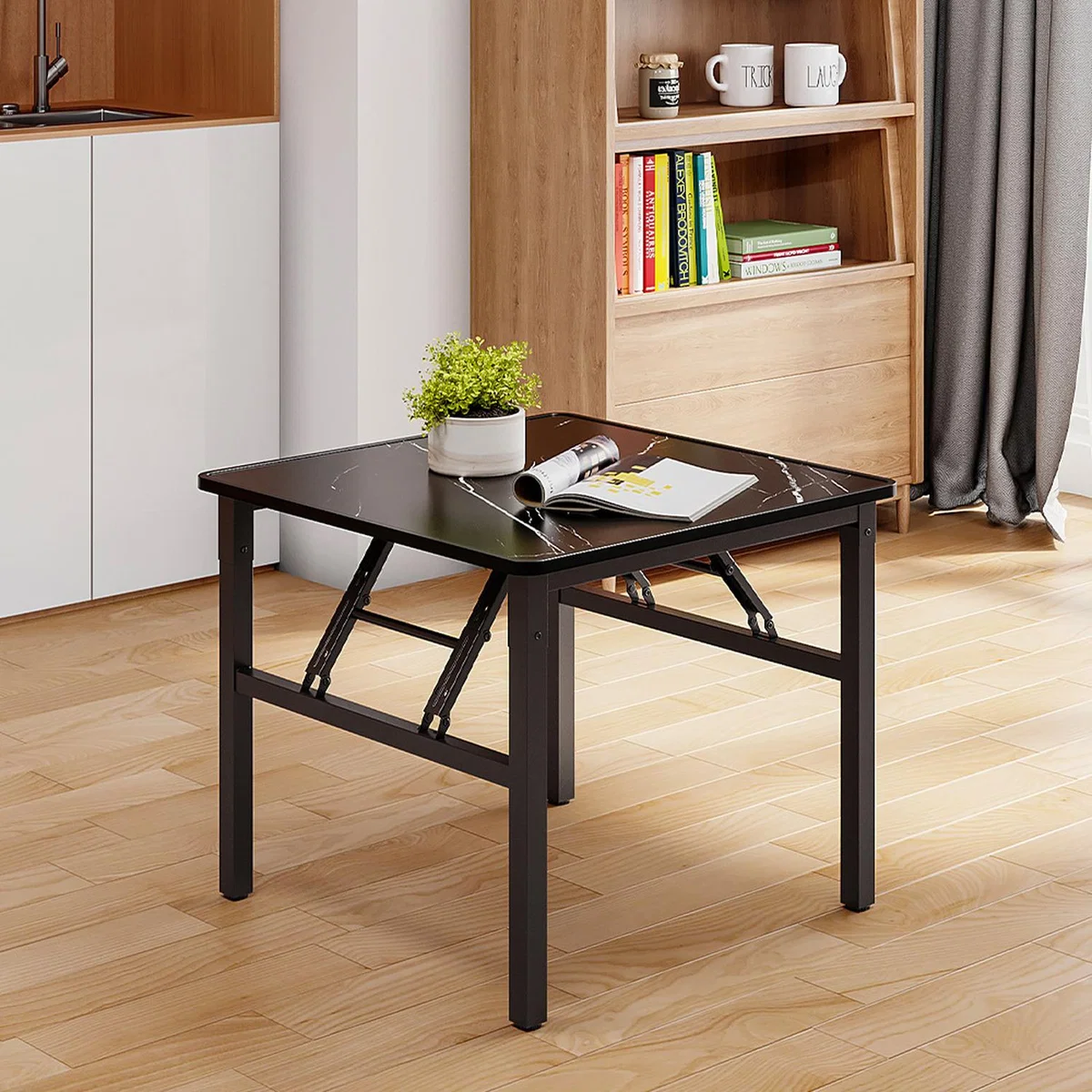 Foldable Marble Effect Tabletop Square Dining Table With Metal Legs - Black / 5.6kg – image 7