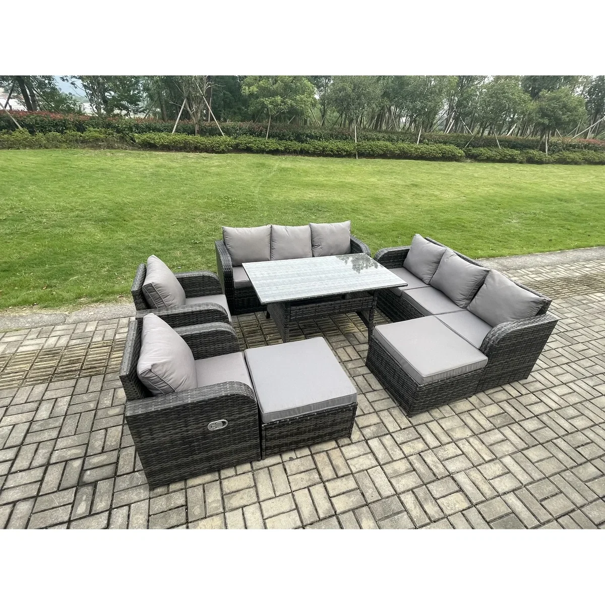 Fimous 10-Seater Rattan Patio Lounge Set with Dining Table - Dark Grey – image 3