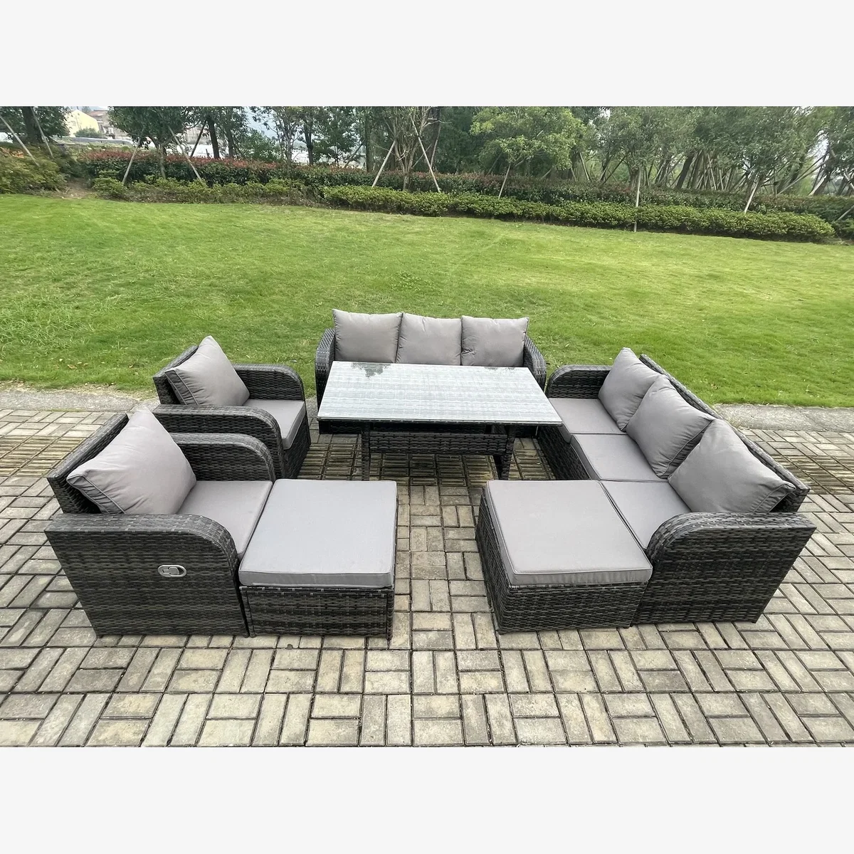Fimous 10-Seater Rattan Patio Lounge Set with Dining Table - Dark Grey – image 1