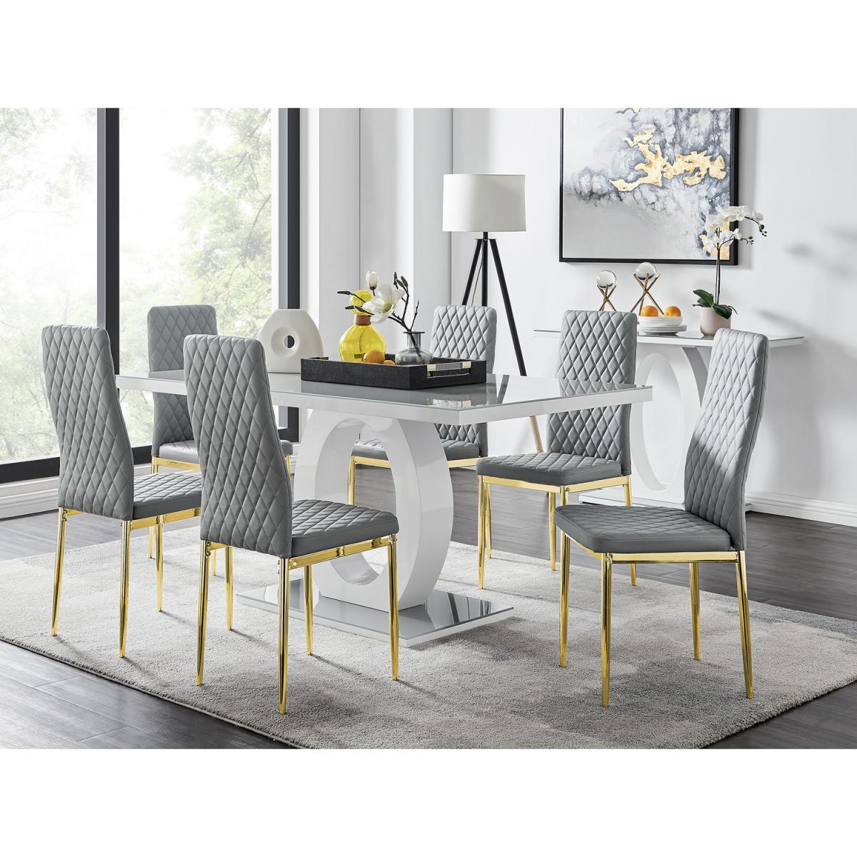 Giovani 6 Grey Dining Table with 6 Milan Gold Leg Chairs - White – image 15