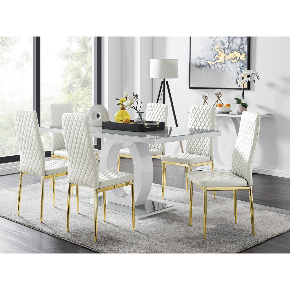 Giovani 6 Grey Dining Table with 6 Milan Gold Leg Chairs - White – image 16