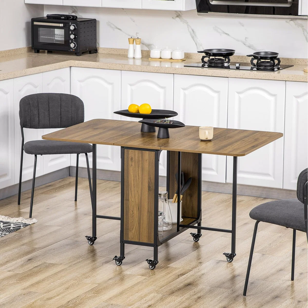 HOMCOM Mobile Drop Leaf Table Folding Kitchen Table - Light Brown