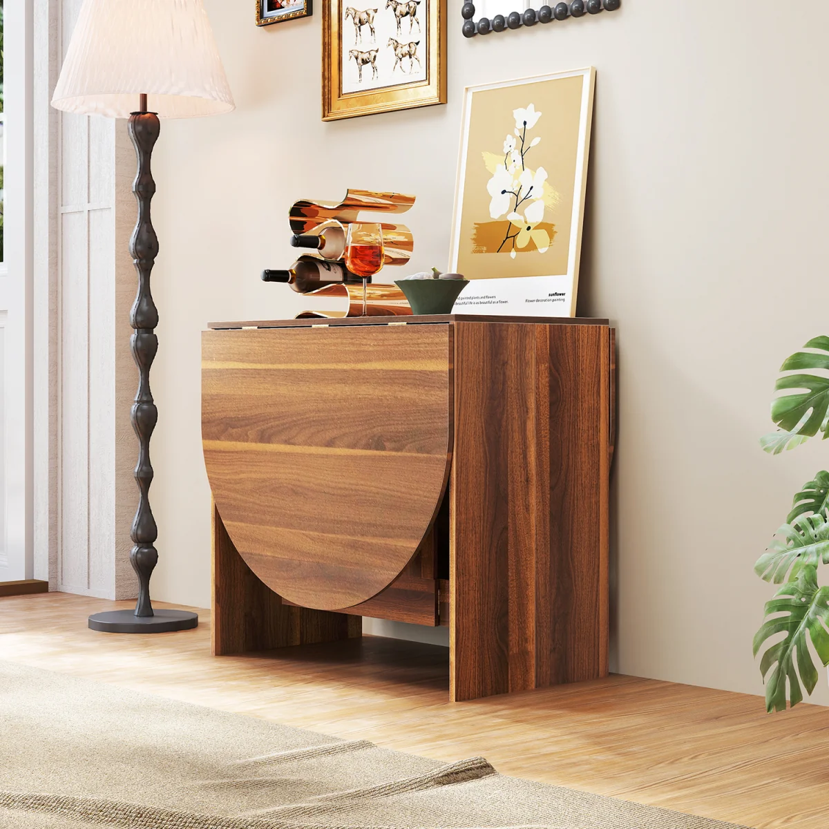 Folding Multifunctional Drop Leaf Round Table - Brown – image 3