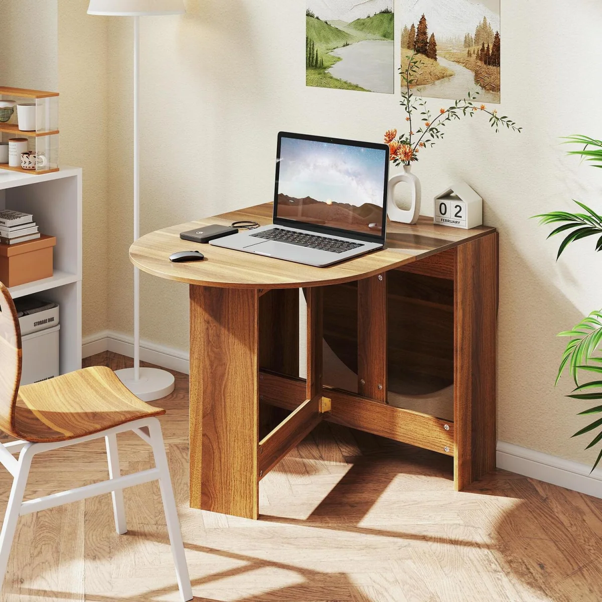 Folding Multifunctional Drop Leaf Round Table - Brown – image 5