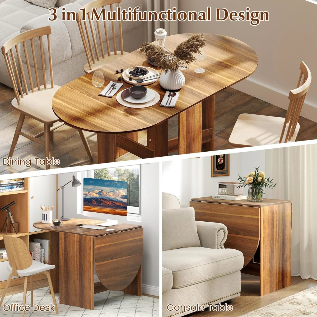 Folding Multifunctional Drop Leaf Round Table - Brown – image 7