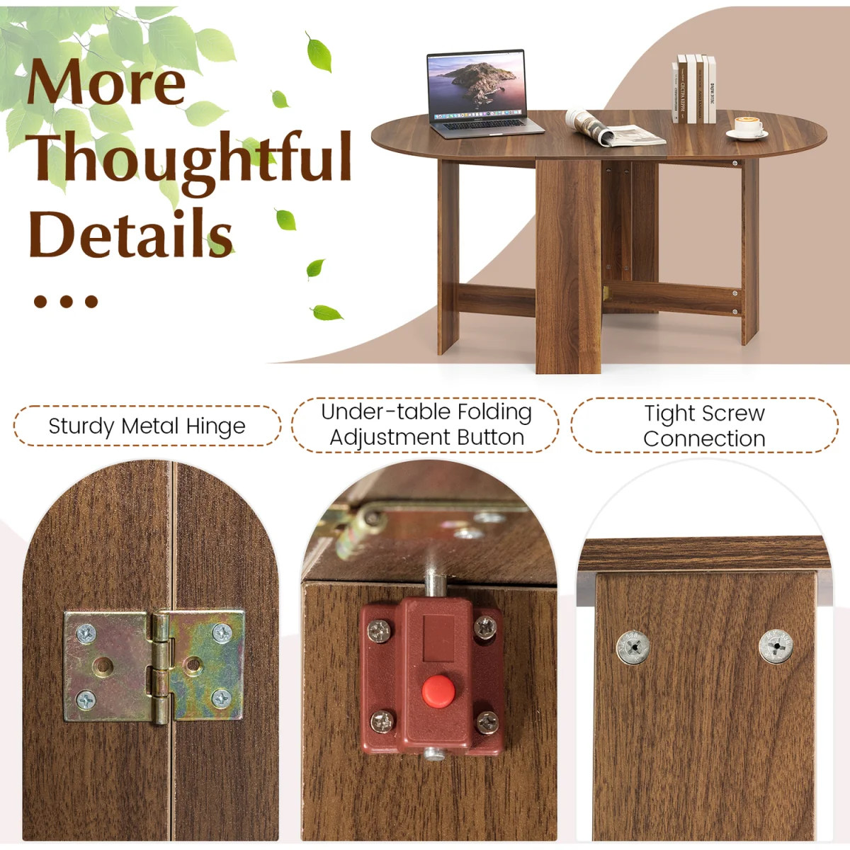 Folding Multifunctional Drop Leaf Round Table - Brown – image 9
