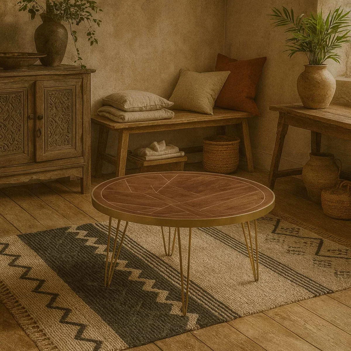 Bandung Dark Mango Wood and Gold Round Dining Table - Brown – image 1