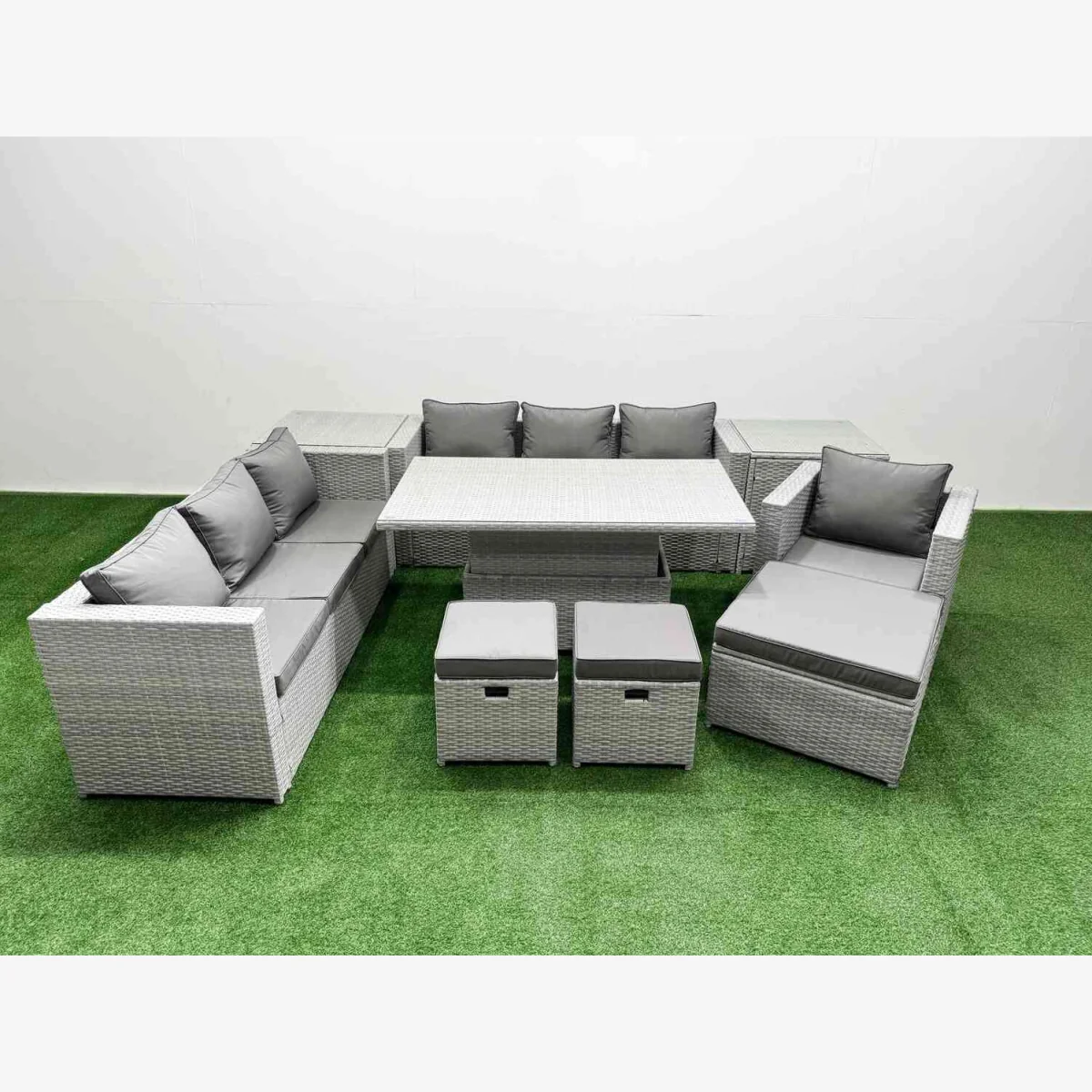 Fimous 8-Piece Rising Dining Table Rattan Furniture Set Light Grey - Light Grey Mixed – image 1