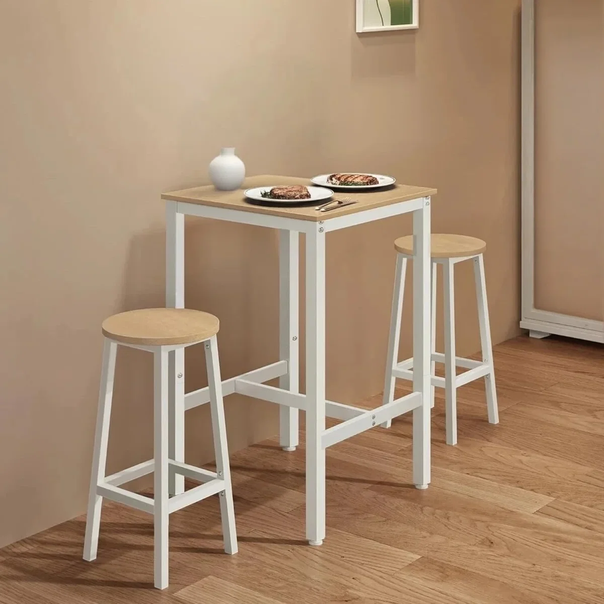 Square Dining Table with Steel Frame - Oak Beige and White
