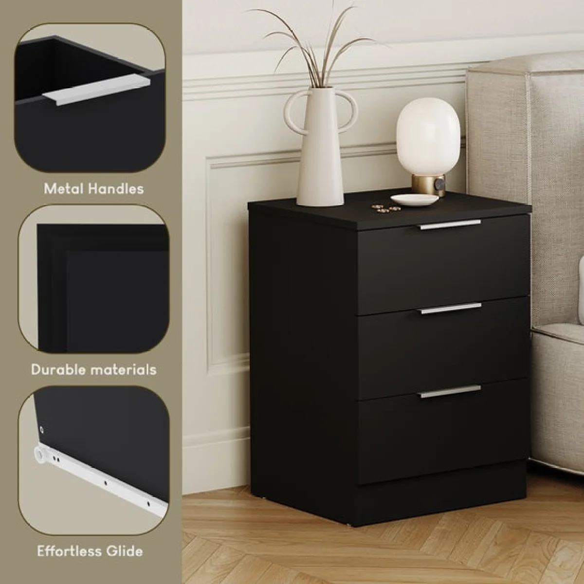 Hayes 3 Drawer Bedside Table – image 3