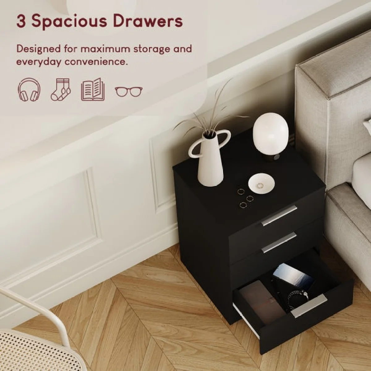 Hayes 3 Drawer Bedside Table – image 4