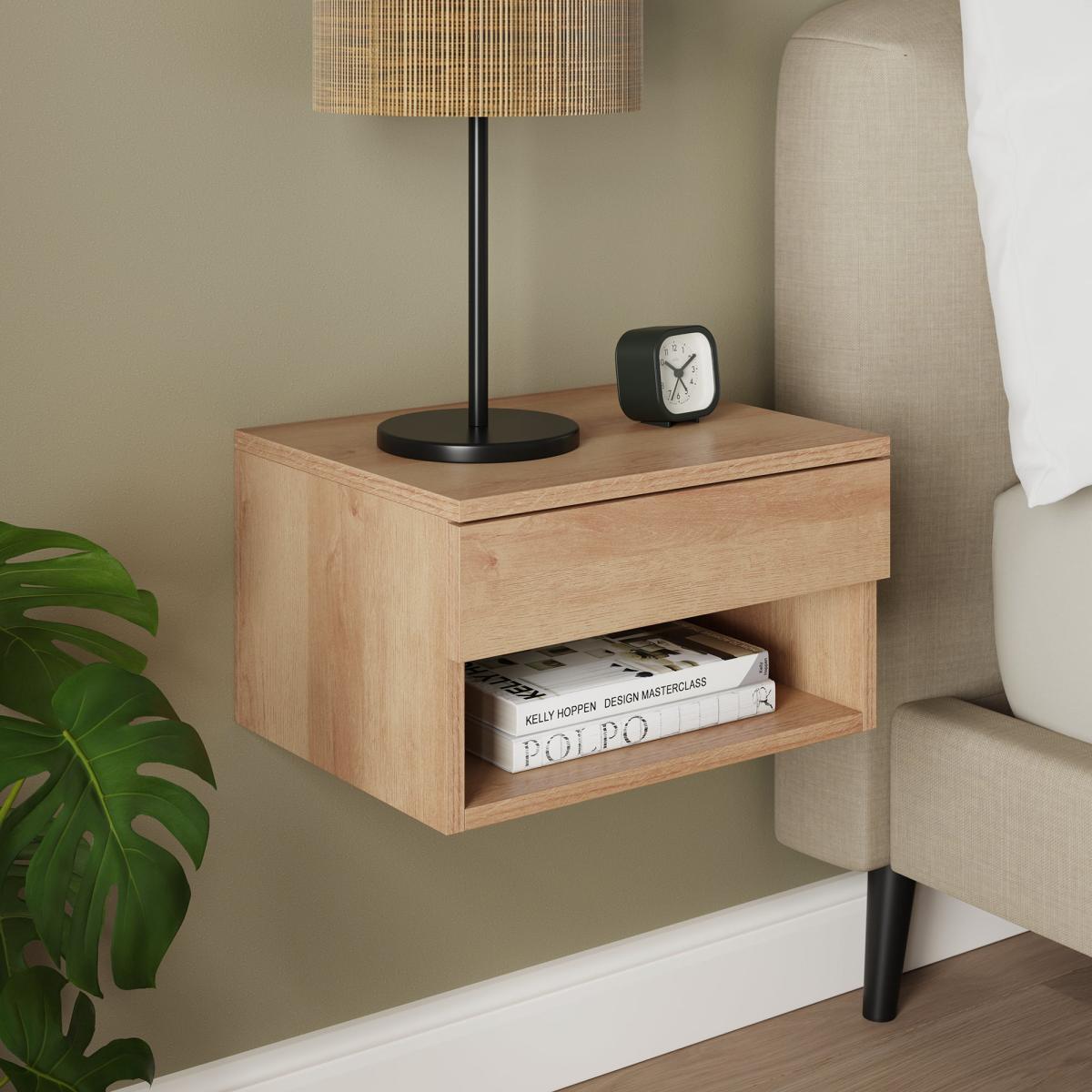 Henny 1 Drawer Floating Bedside Table, Light Oak Effect – image 2