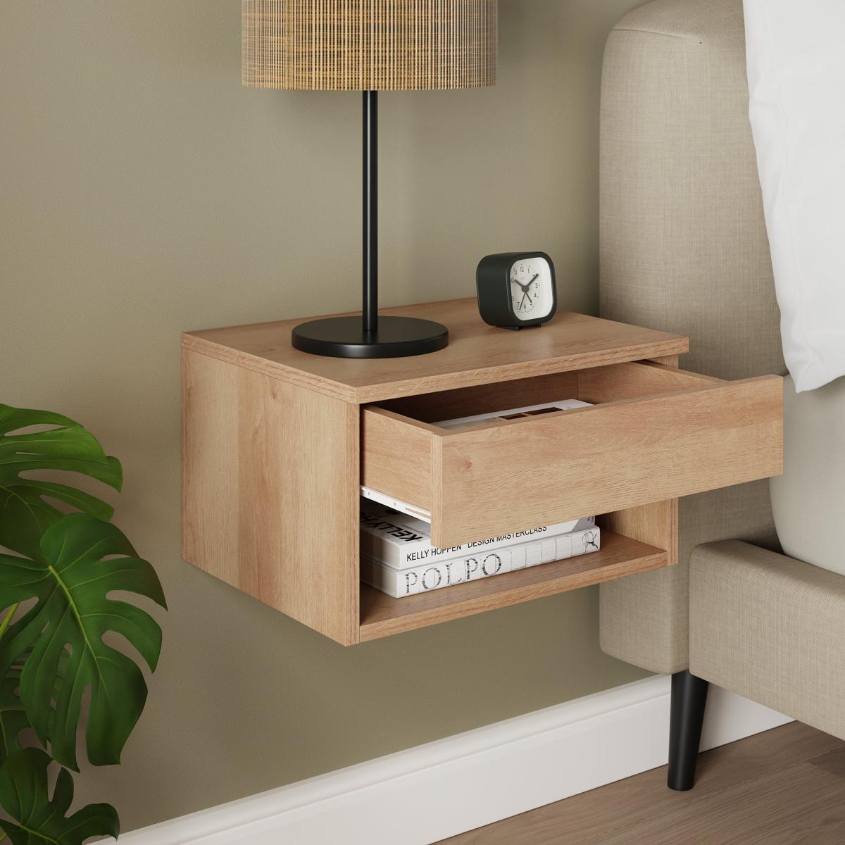 Henny 1 Drawer Floating Bedside Table, Light Oak Effect – image 3