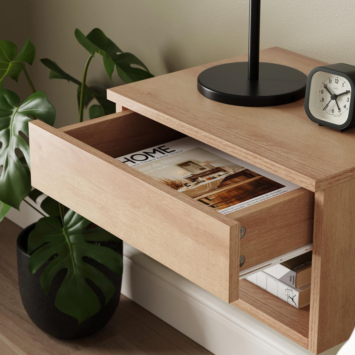 Henny 1 Drawer Floating Bedside Table, Light Oak Effect – image 4