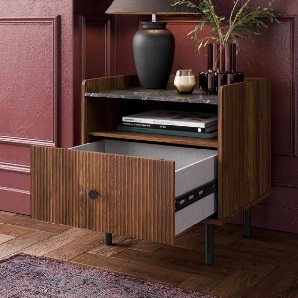 Georgi Walnut & Marble Effect 1 Drawer Bedside Table – image 6