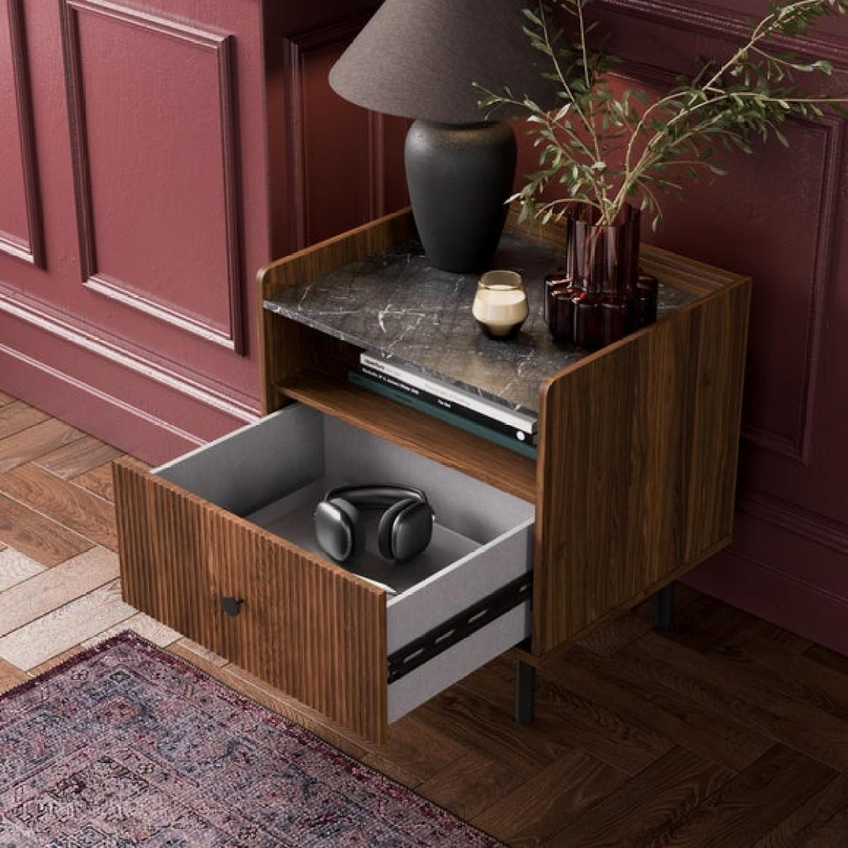 Georgi Walnut & Marble Effect 1 Drawer Bedside Table – image 7