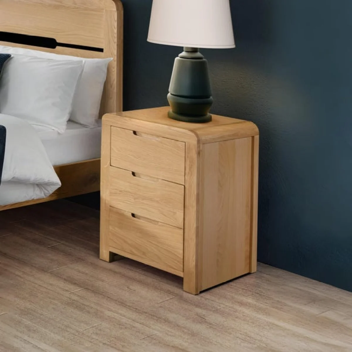 Return - Curve 3 Drawer Bedside Table, Oak – image 1