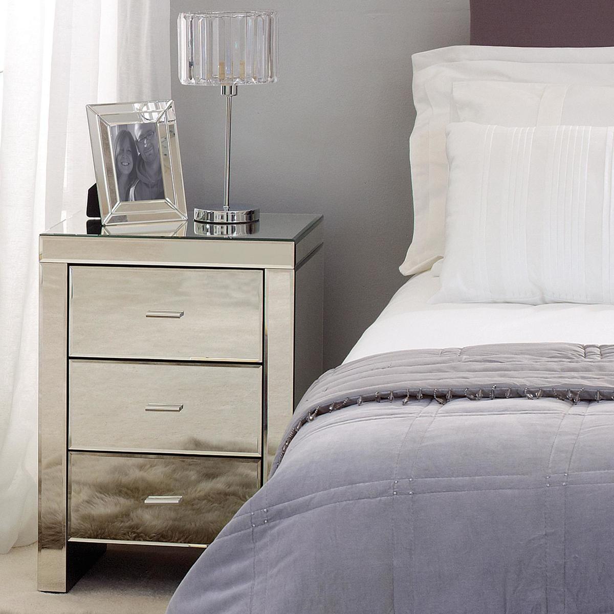 Venetian Mirrored 3 Drawer Bedside Table White – image 3