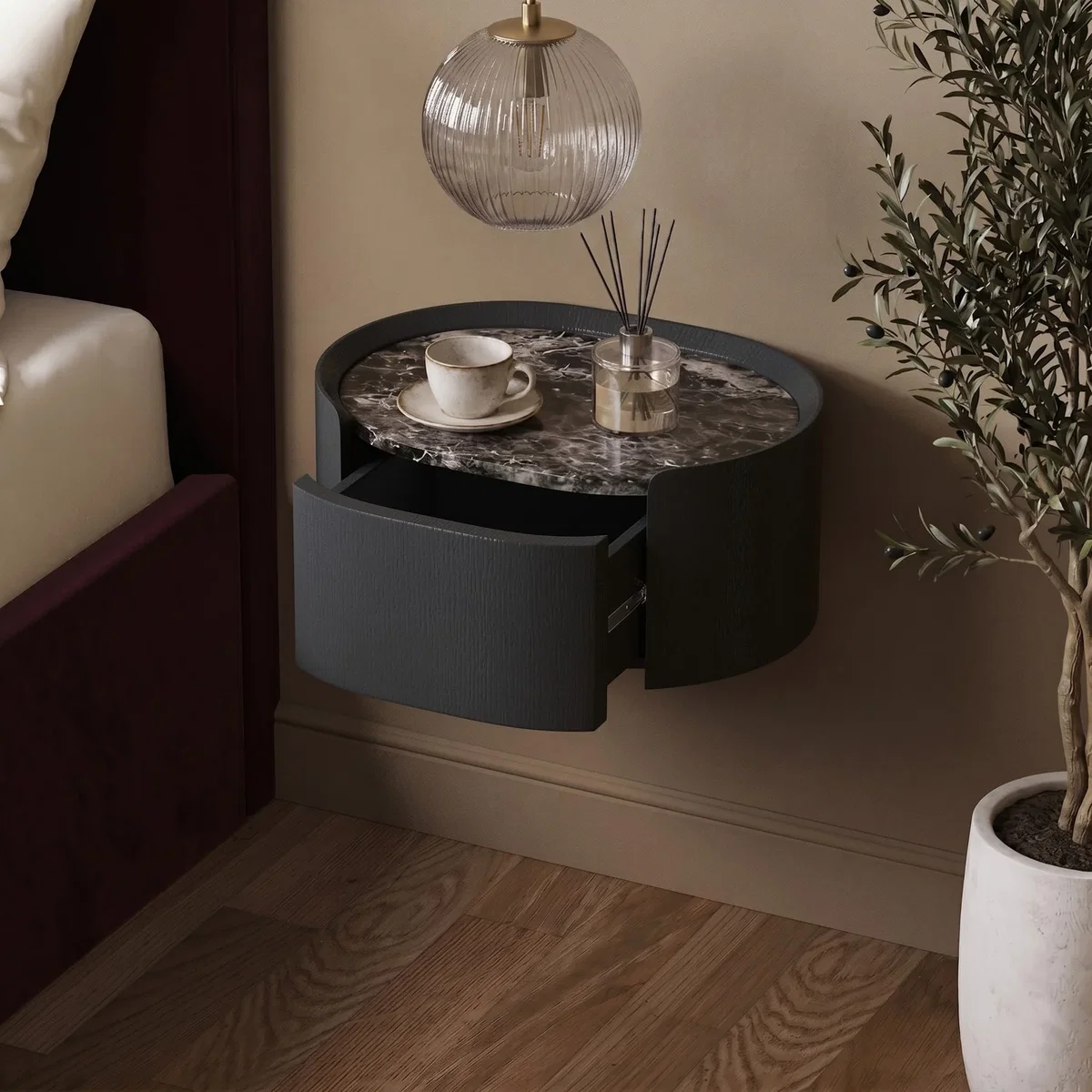 Black and Marble-Effect 1 Drawer Floating Bedside Table - Raffaele – image 2