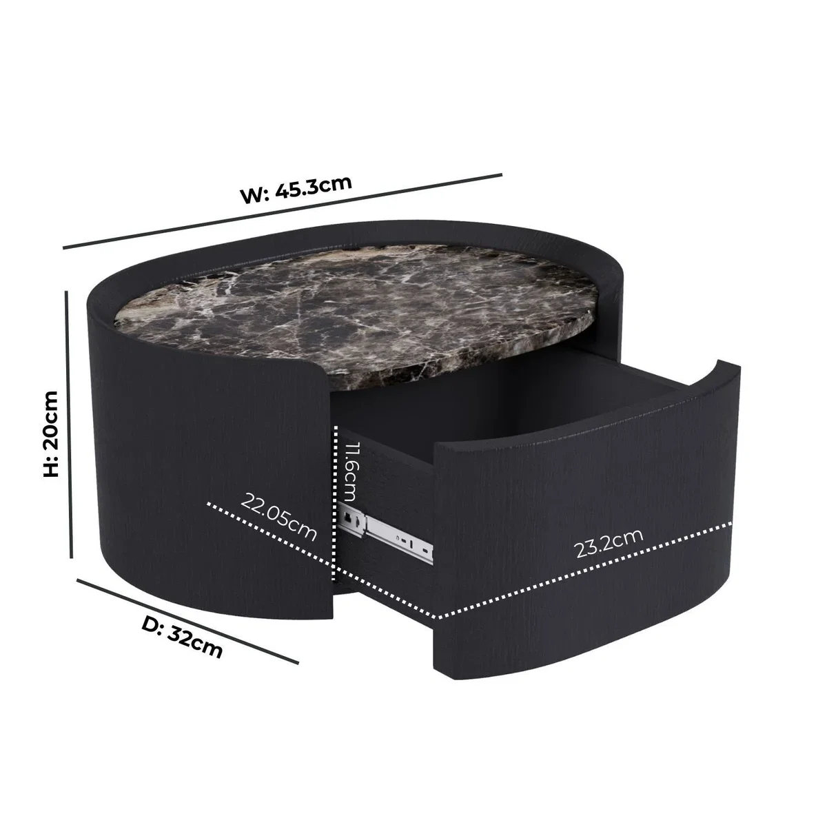 Black and Marble-Effect 1 Drawer Floating Bedside Table - Raffaele – image 3