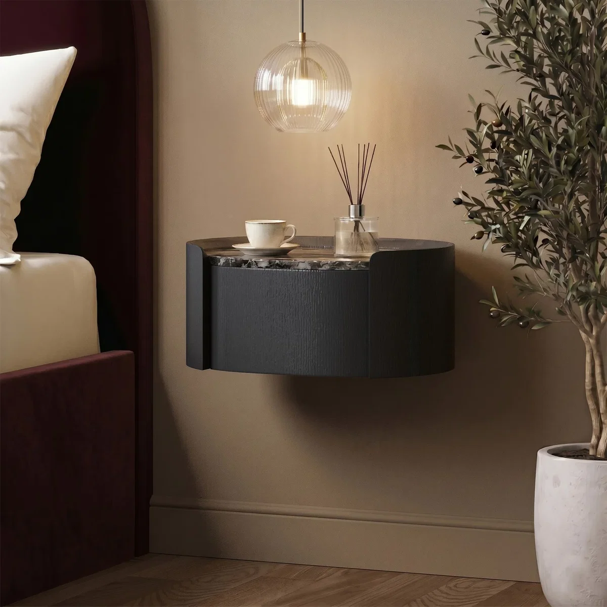 Black and Marble-Effect 1 Drawer Floating Bedside Table - Raffaele – image 1